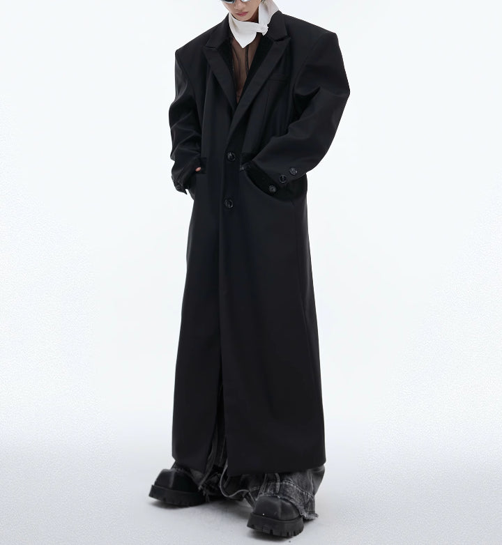 Black Padded Shoulder Coat PU Leather Stitching Design Over The Knee