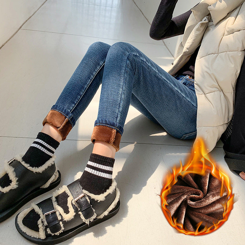 Women's Retro Blue Skinny Pants With Fleece Feet