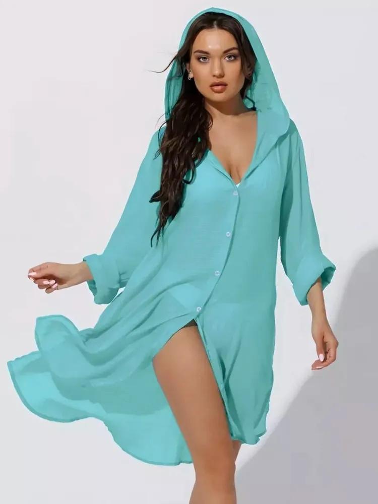 European And American Beach Jacket Women's Casual Vacation Solid Color Cardigan Bikini Swimsuit Blouse