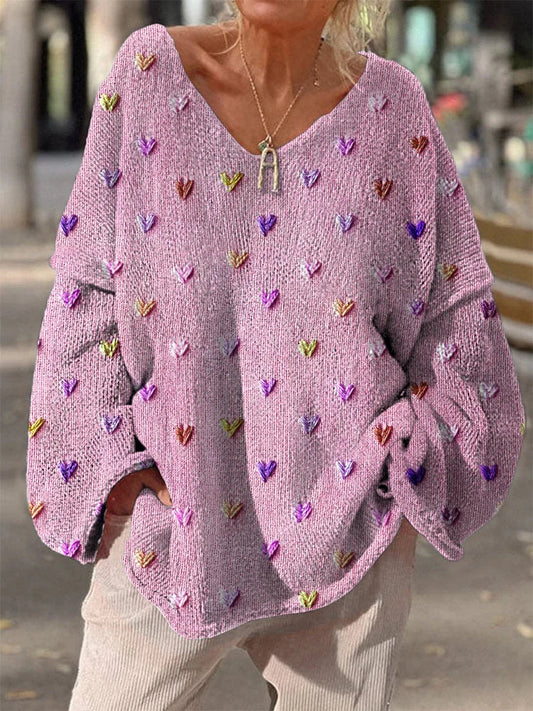 Women's Autumn Winter Lazy Style Loose V-neck Printed Pullover