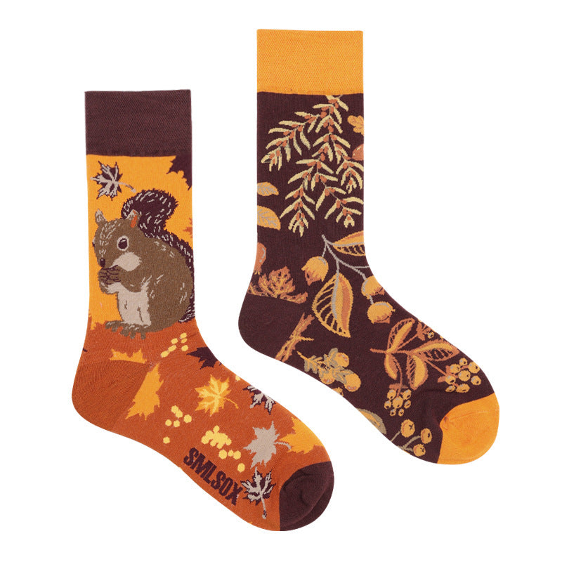 Asymmetrical Color Retro Personality Male And Female Couple Mid-length Cotton Socks
