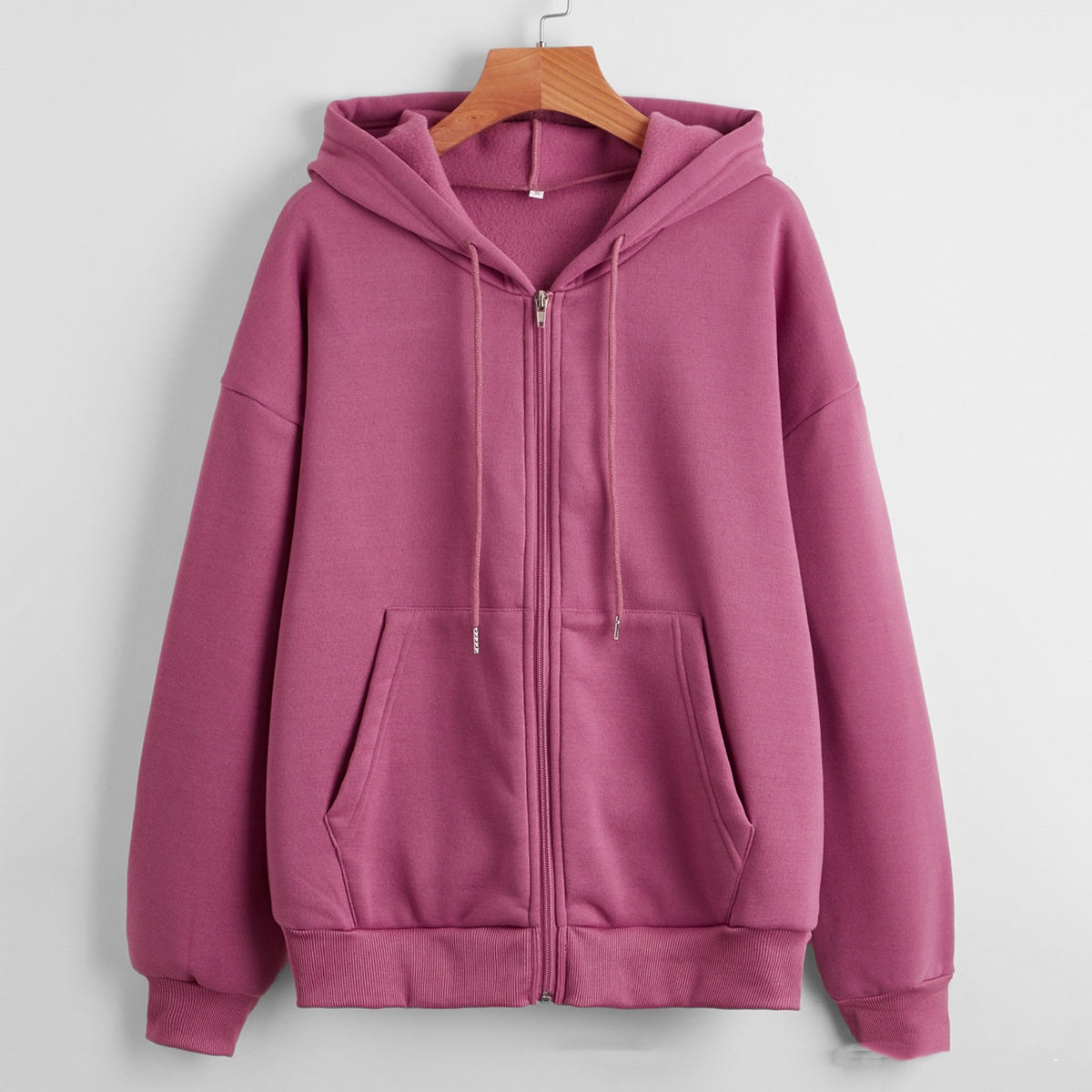 Sweater til kvinder med hætte, ensfarvet, lynlås, løstsiddende, foret frakke