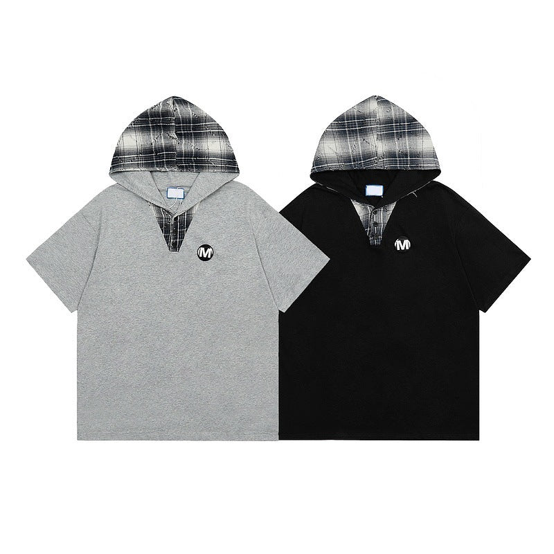 American Style Retro Patchwork Plaid Hooded Short Sleeve