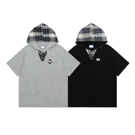 American Style Retro Patchwork Plaid Hooded Short Sleeve