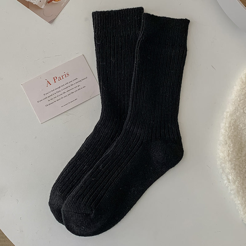 Solid-color Vertical-striped Wool Womens Socks For Fall And Winter