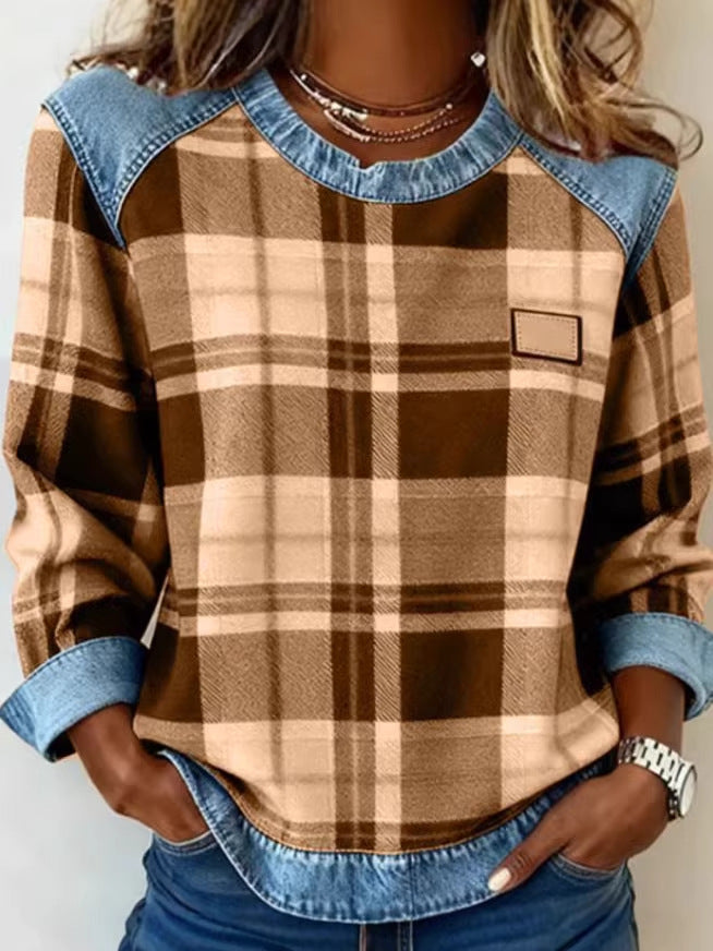 New Plaid Patchwork Loose-fitting Womens Crew-neck Blouse