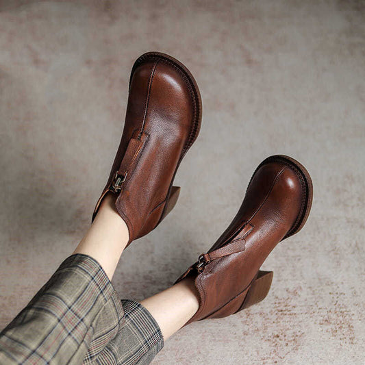 Autumn Leather Soft-soled Short Boots With Front Zipper And Thick Heel