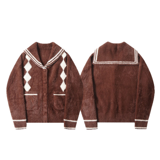 Retro Cardigan med Afslappet Pasform og Marineblå Krave Alsidig Striktrøje