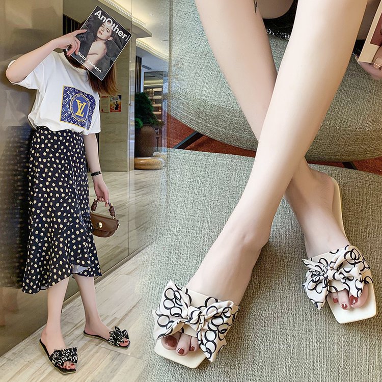 Women's Bowknot Square Head Flat Non-slip Slippers