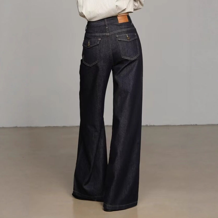 Mørkeblå løstsiddende denimjeans med vide ben