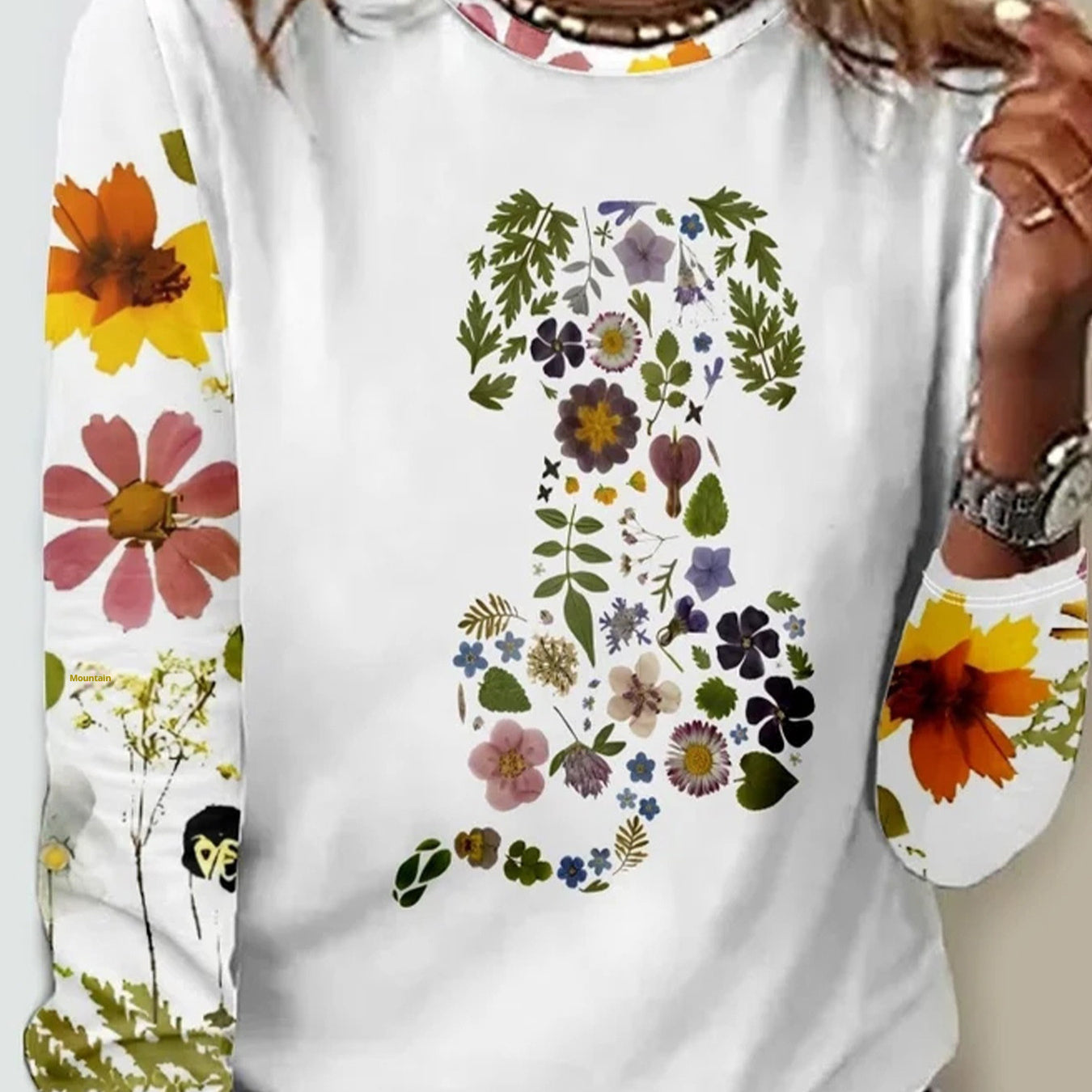 Women's Pullover Floral Printed Round Neck Long Sleeve T-shirt