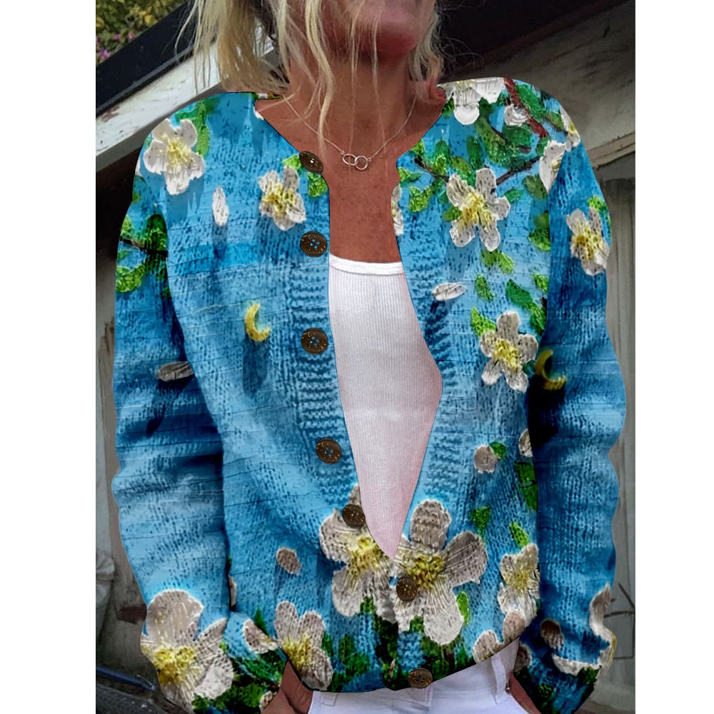 Ny strikket cardigan med 3D-print i løs pasform til damer – efterårs- og vinterstil