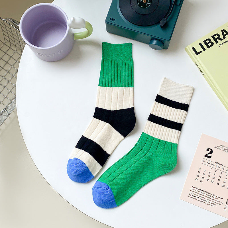 Stripe Contrast Color Tube Socks Color Matching Asymmetric AB Socks