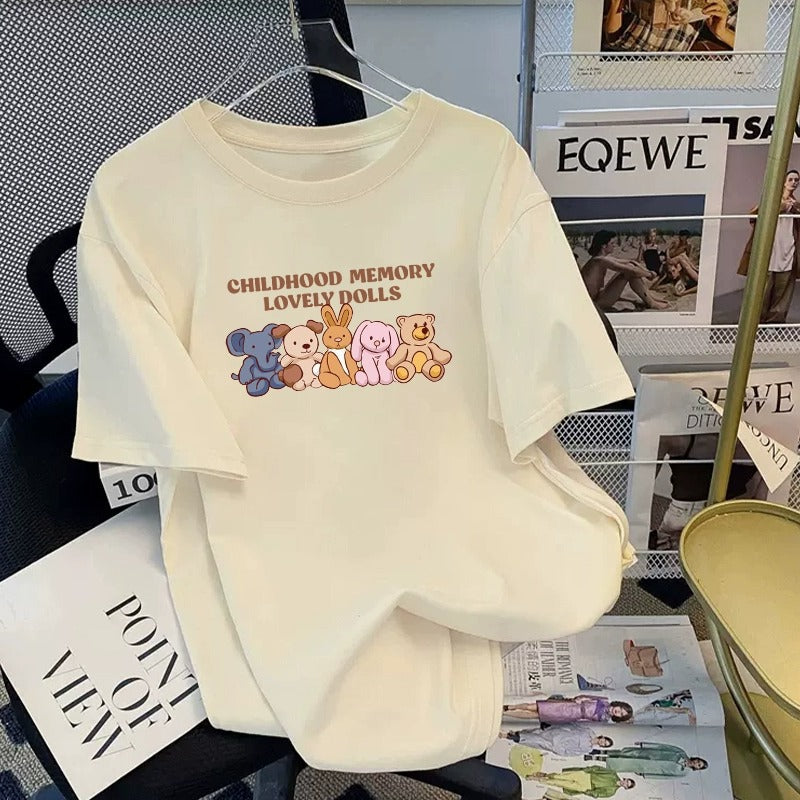 Kortærmet T-shirt i bomuld med tegneserieprint til kvinder