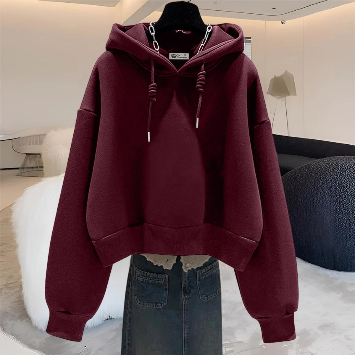 Dark Coffee Color Casual Short Hooded Hoodie