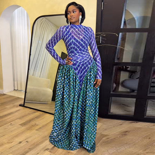 Color-blocked High-neck Figure-flattering Waist-cinching Maxi Dresselegant And Comfortable
