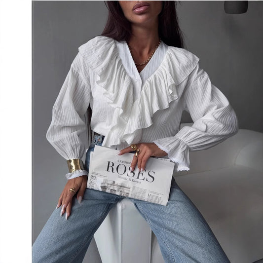 Polyester V-hals Bluse med Flæse og Lange Ærmer til Kvinder
