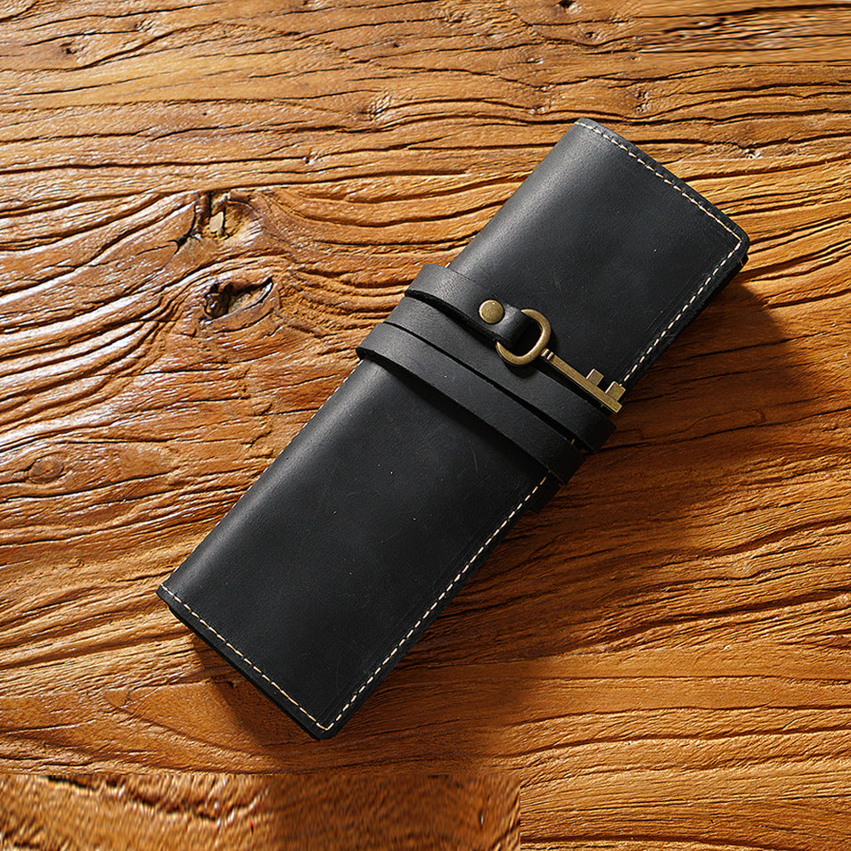 Vintage Cowhide Pen Bag Three Fold Pen Clip Rolling Shutter Stationery