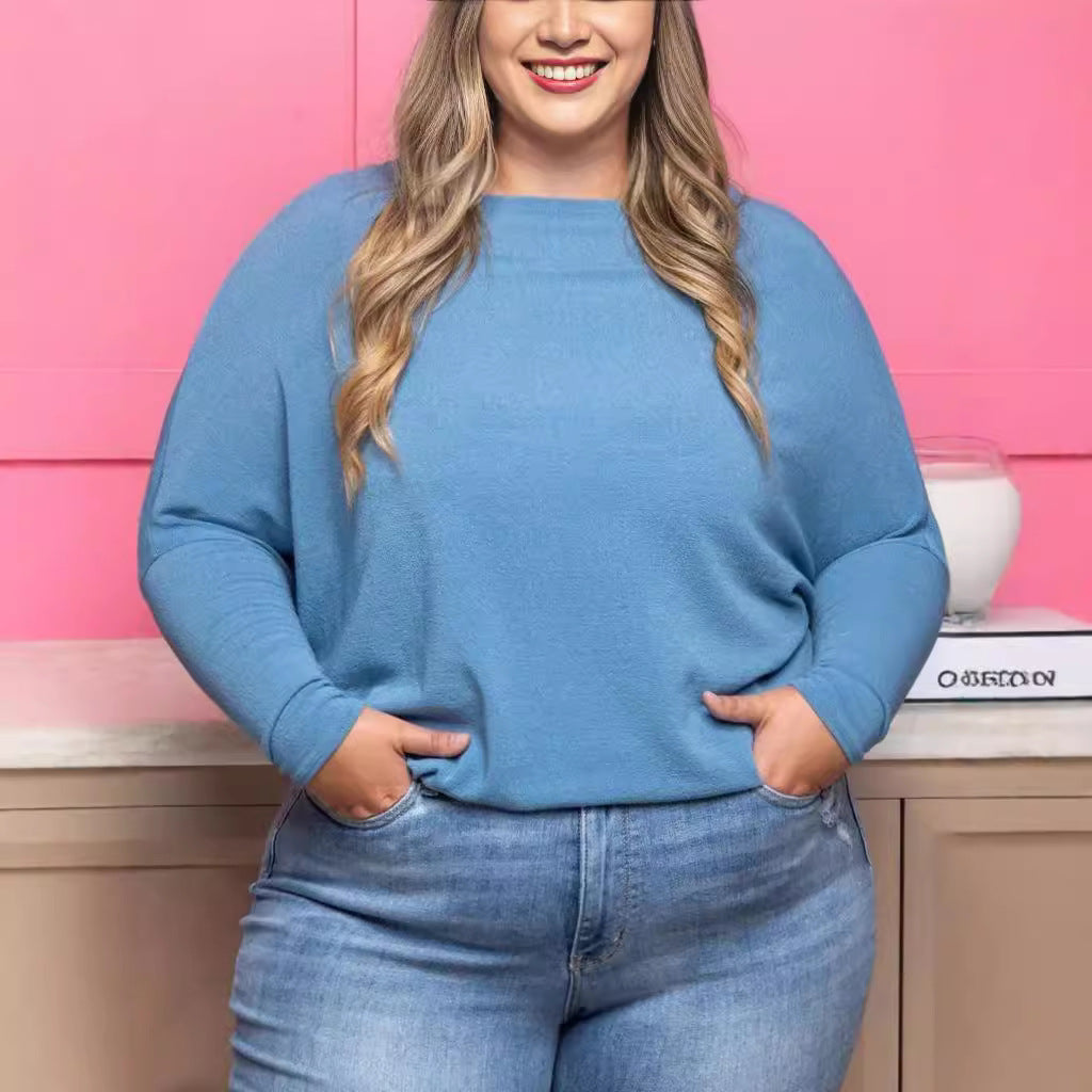 Plus Size Casual Ensfarvet Rundhalset Flagermusærme Høj Elastisk Sweater
