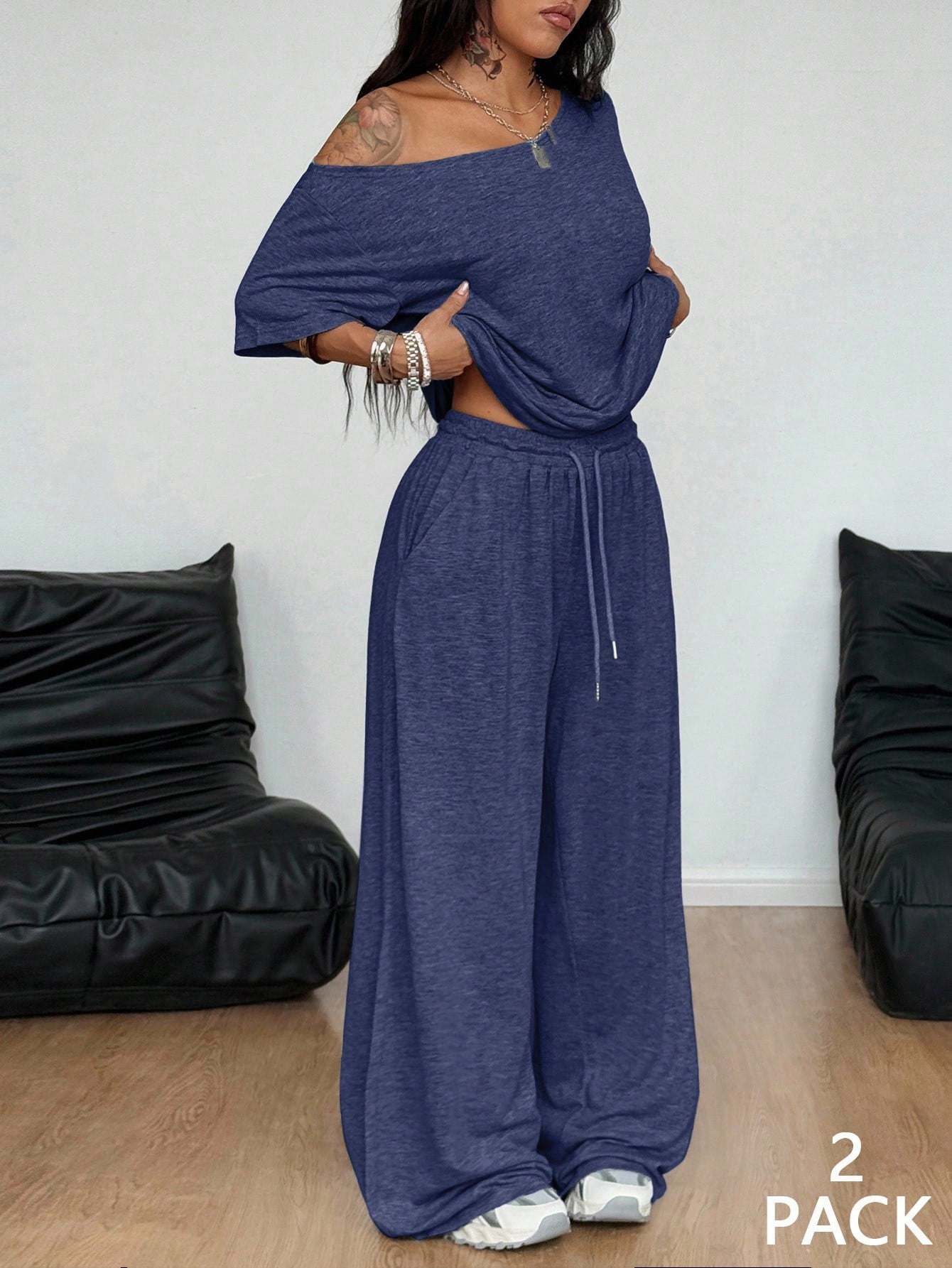 Women's Casual Solid-Color Sports Two-Piece Set With Loose-Fit Trousers