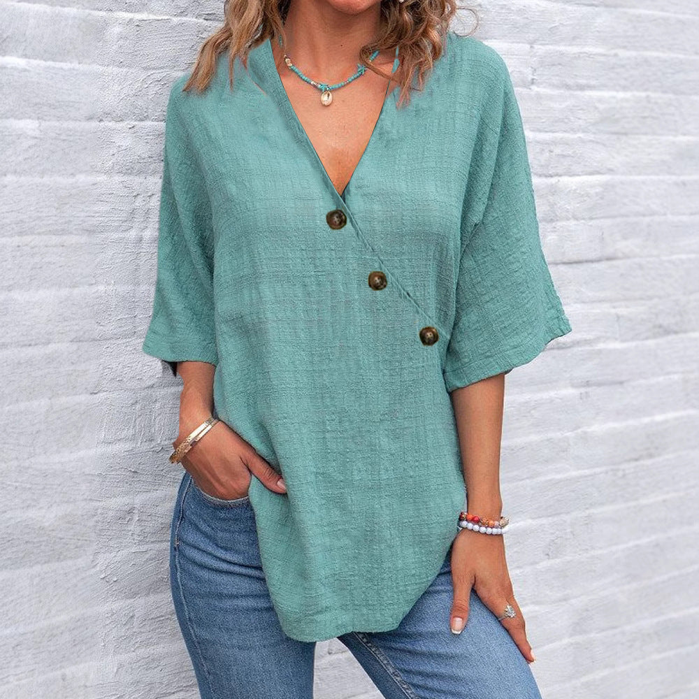 Solid Color Linen Button Women's Top