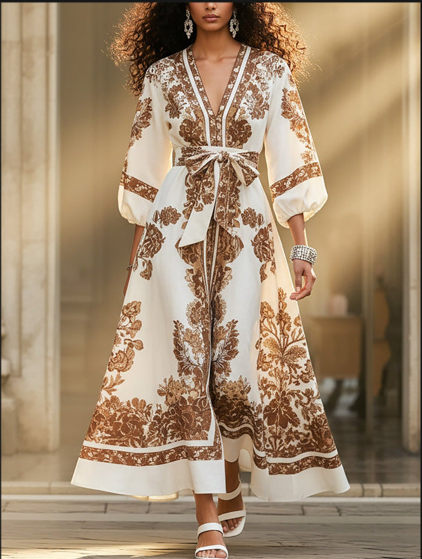 Elegant Printed V-Neck Dress With Puffed Sleeves