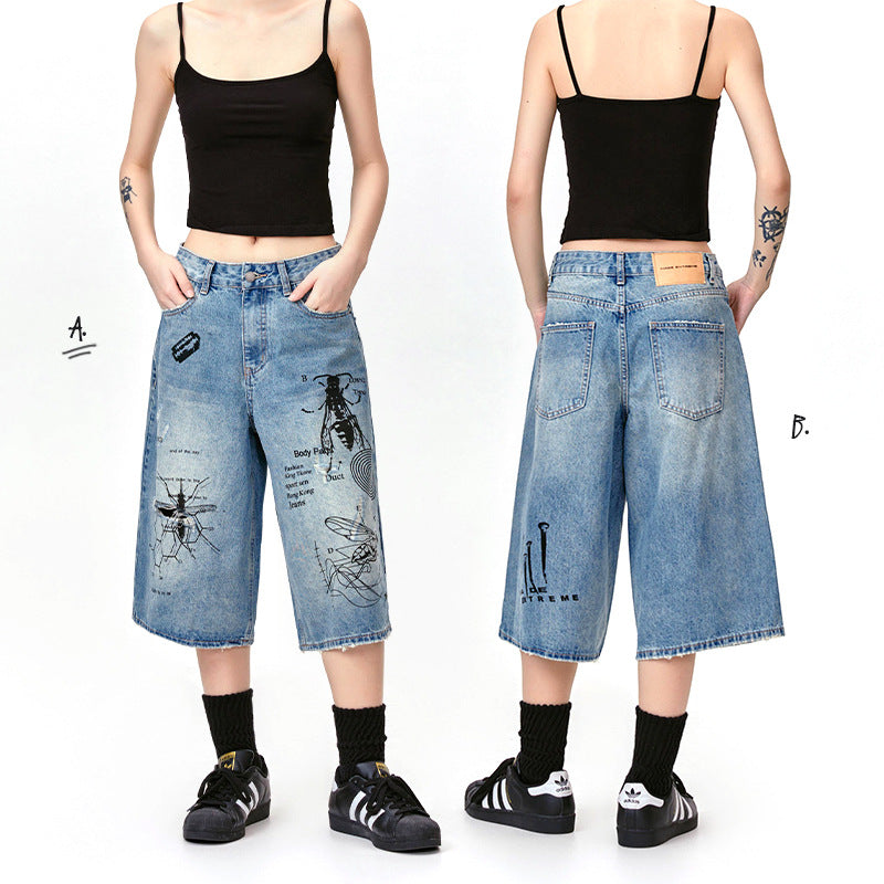 American Style Retro Street Graffiti Printing Destroyed Wormhole Cropped Jeans