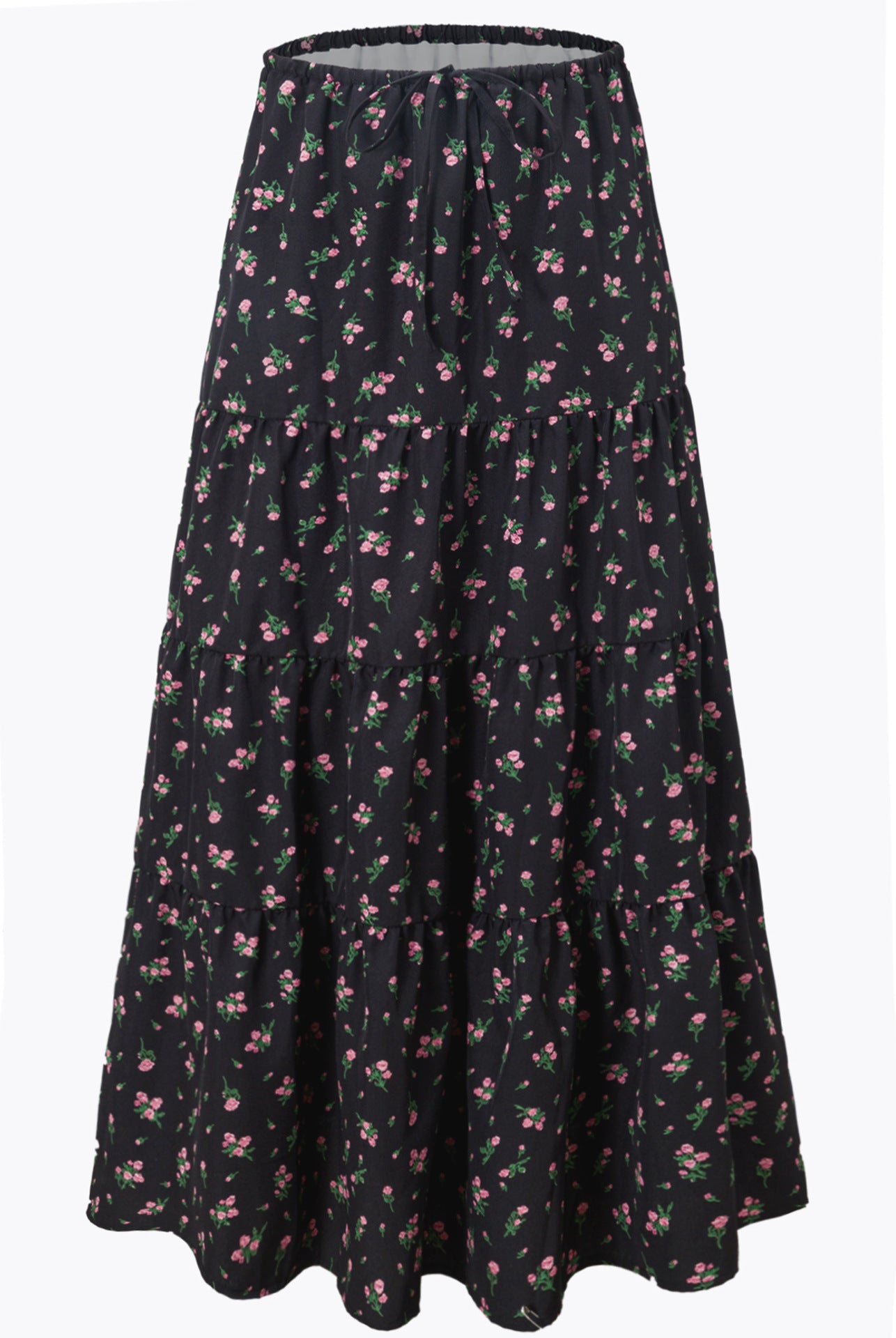 High-waisted Elastic-waist Tie-closure Loose-fit Patchwork Skirt