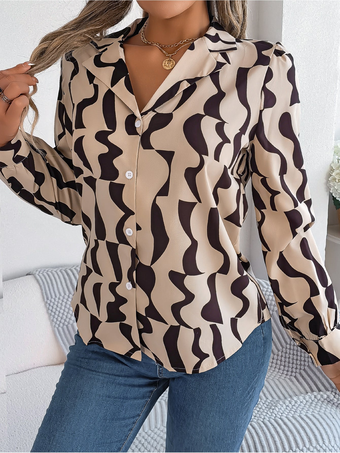 Women's Office Elegant Color Block Stripe Notched Lapel Long Sleeve Shirt