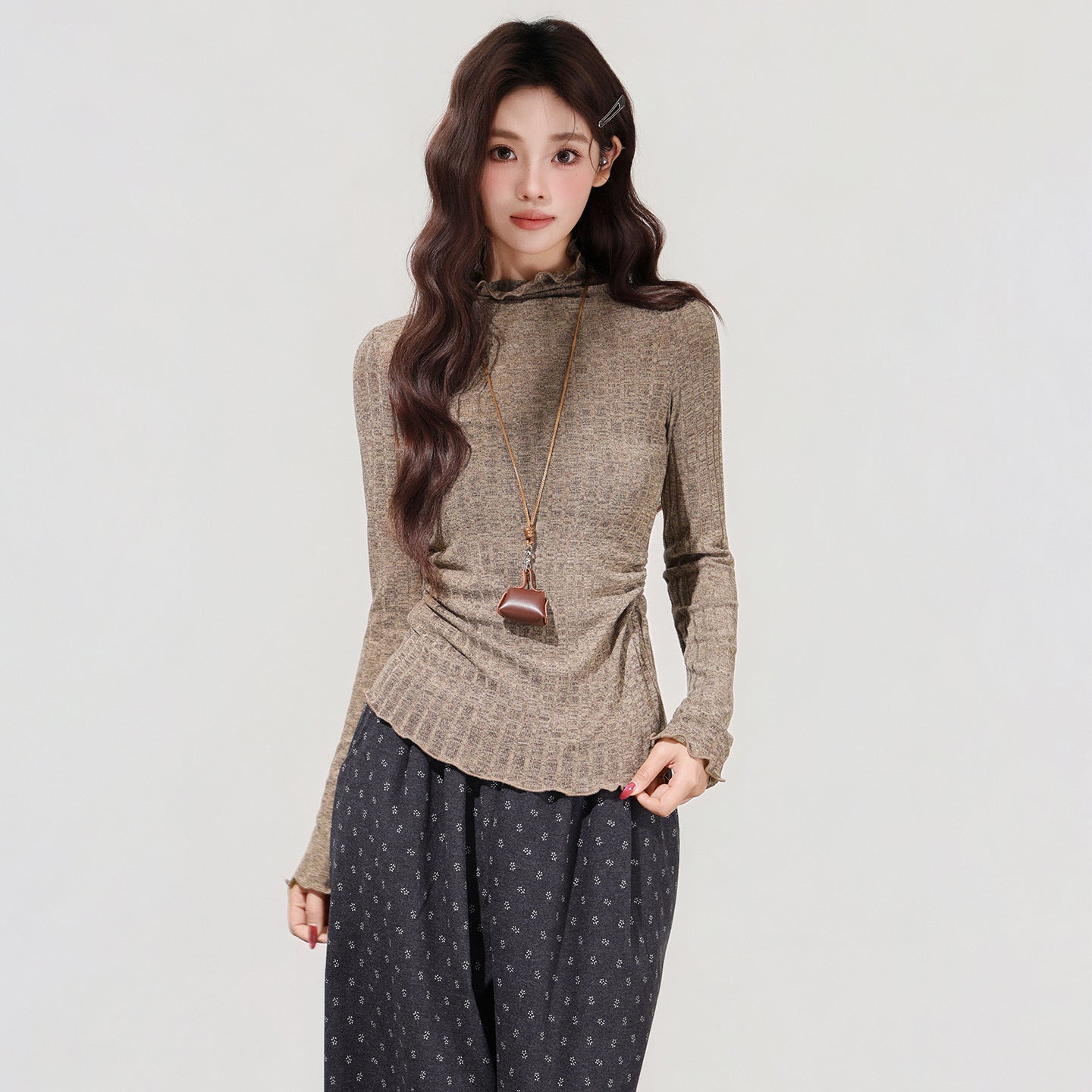 Women's Brown Semi-high Neck Ruffled Waist-cinching Long-sleeved Base Shirt