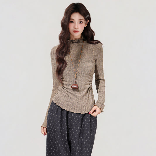 Women's Brown Semi-high Neck Ruffled Waist-cinching Long-sleeved Base Shirt