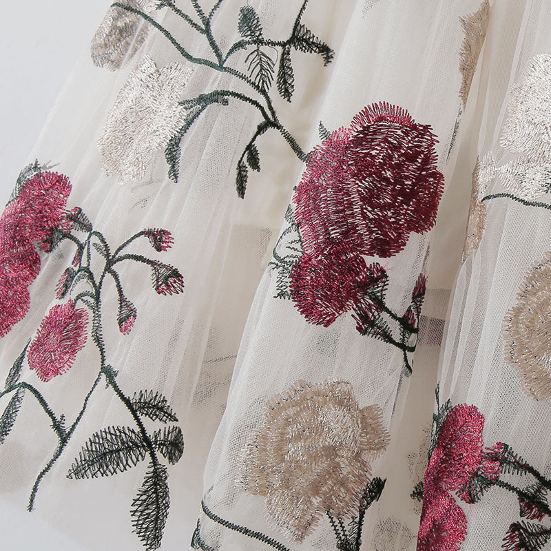 Vintage High Waist Slim Embroidery Big Flower Fashion Sweet Mesh Mid Length Fairy Half Length Dress