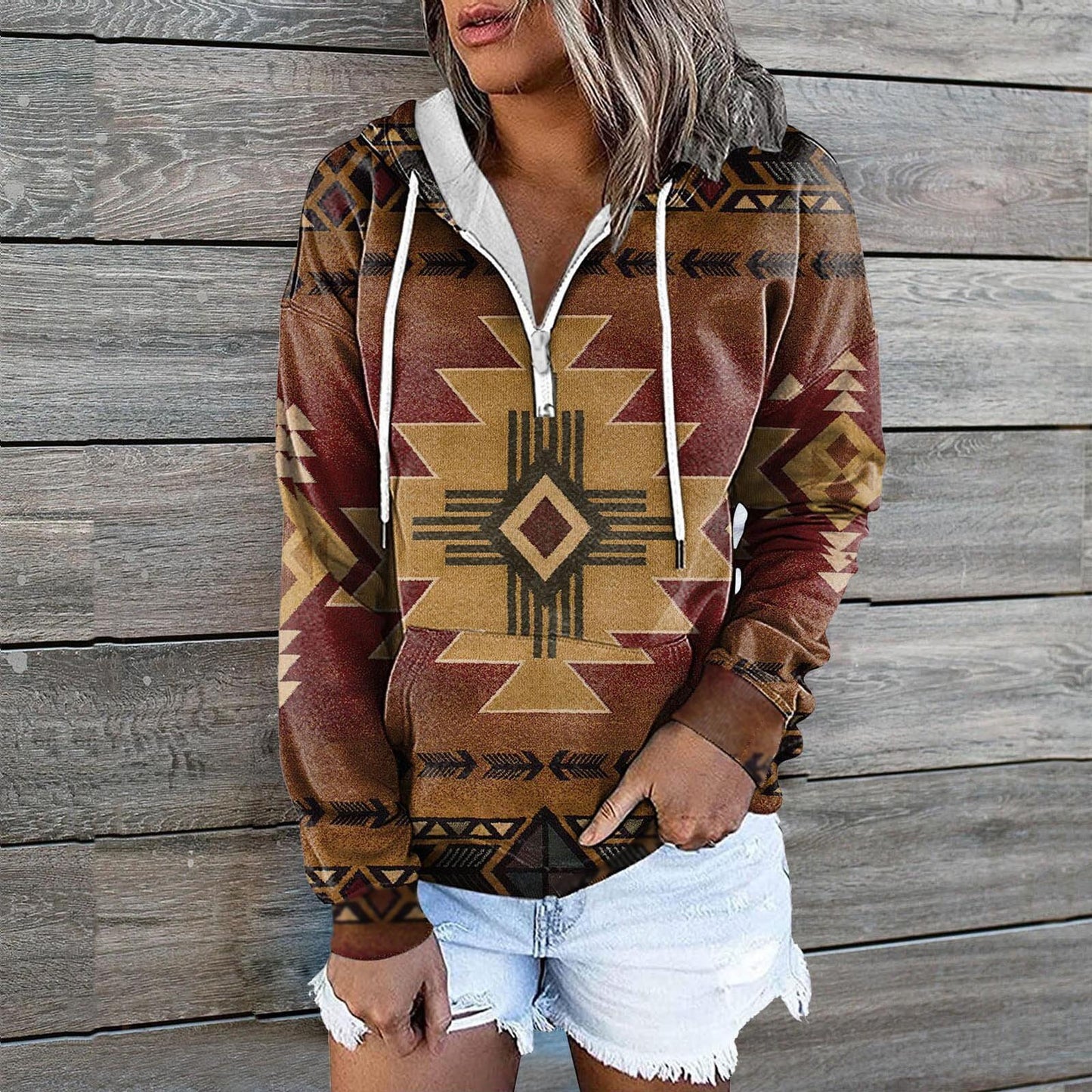 European And American Women's Zip Pocket Print Casual Hoodie