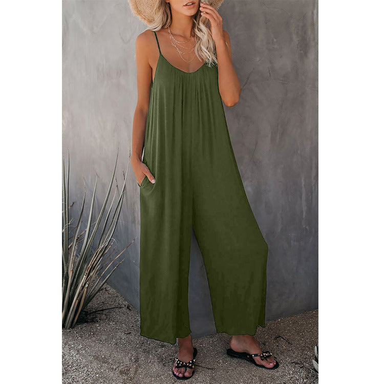 Summer New Solid Color Slip Pocket Casual Jumpsuit