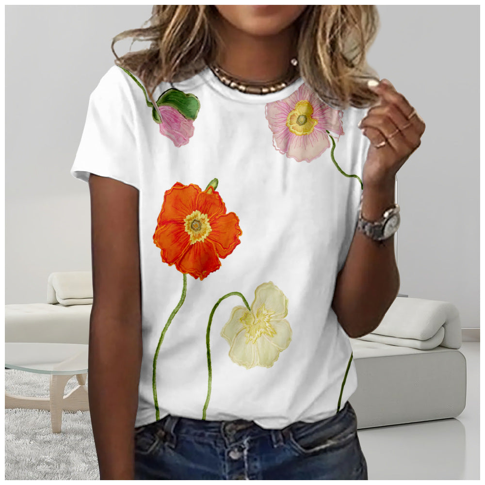 Flower 3D Digital Printing Casual Trend Short Sleeve Women's T-shirt