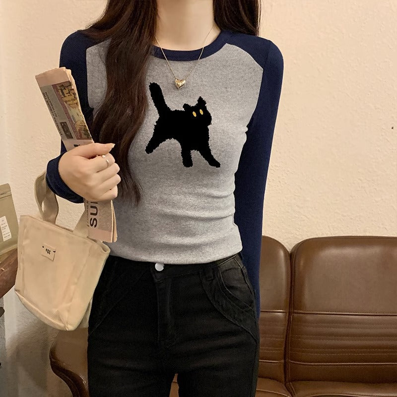 Women's Long-sleeved T-shirt Early Autumn Printed Design Color Contrast Bottoming Shirt Top