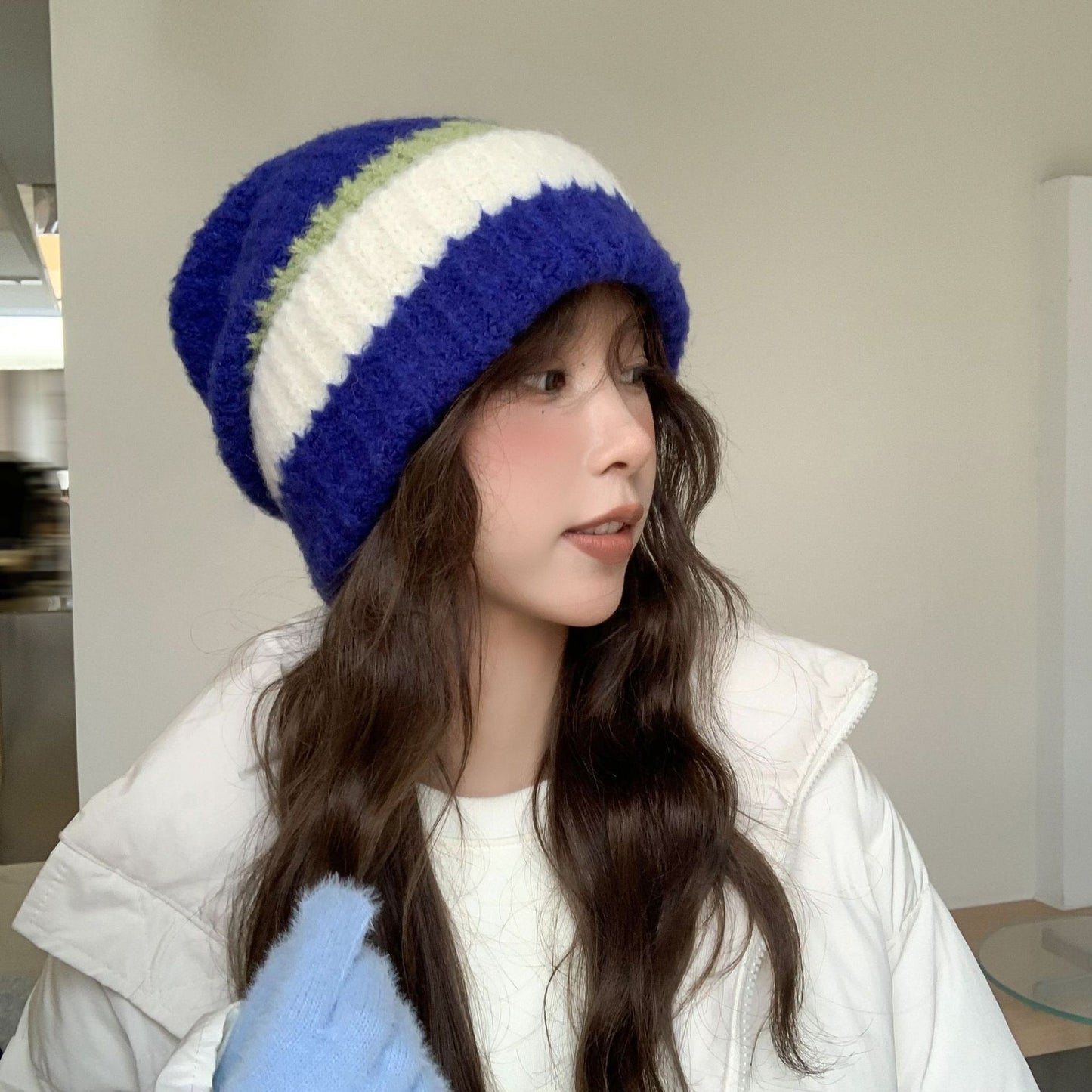 Large Head Circumference Knitted Wool  Colorblock Fashion