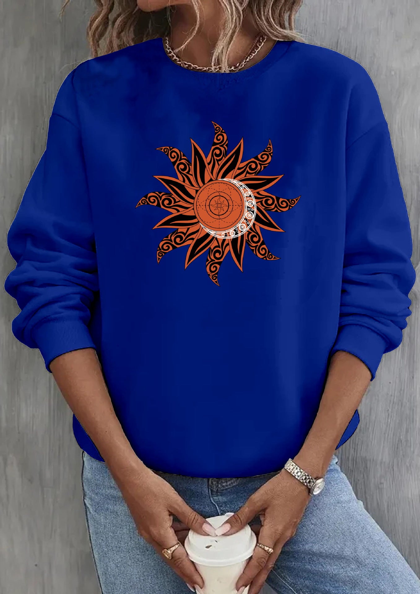Loose Sun Series Fashion Print Round Neck Sweater