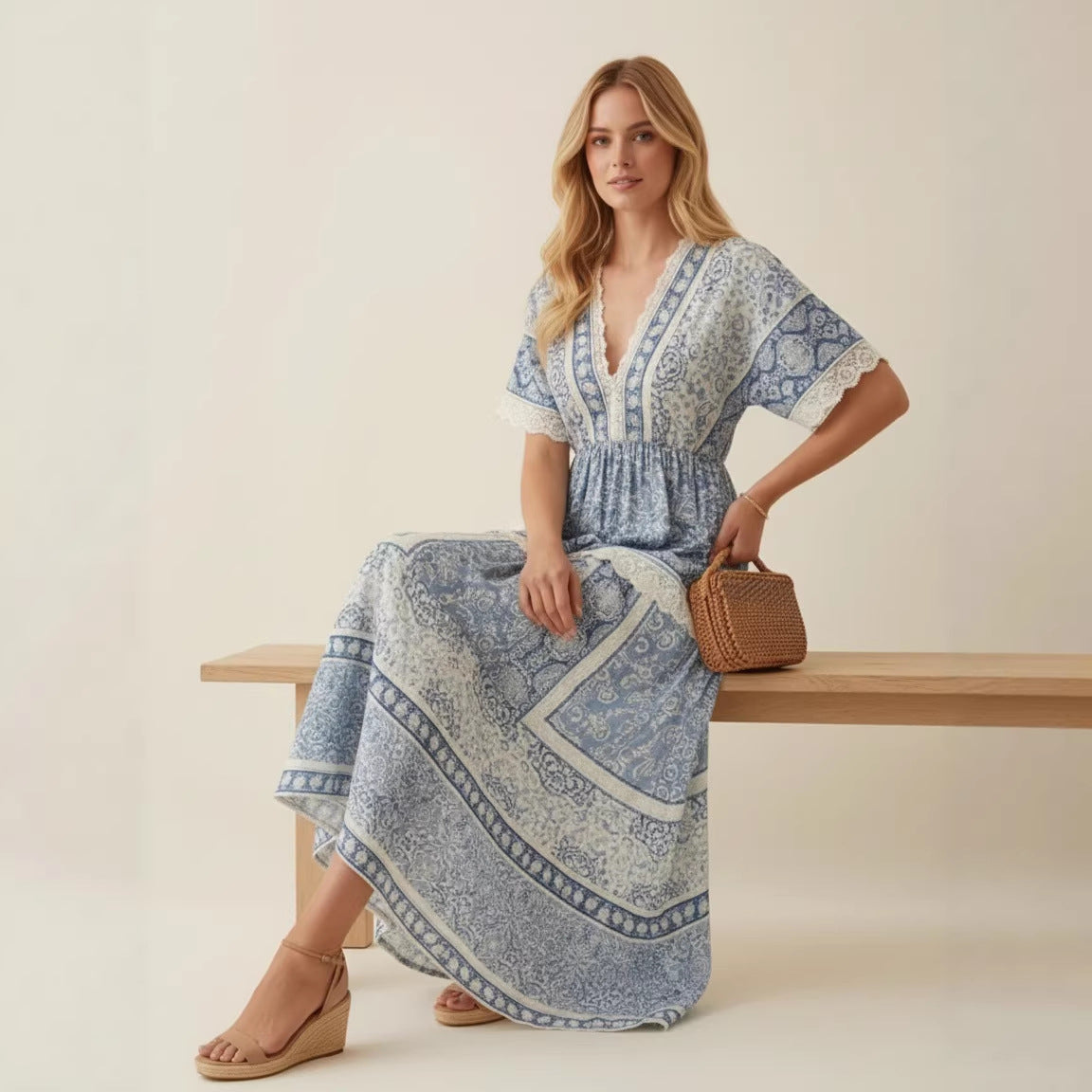 Chic V-neck Printed Waist-Cinching Short-Sleeve Womens Dress