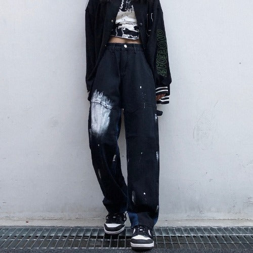 Harajuku-stil tie-dye-gradient spættede lige højtaljede jeans