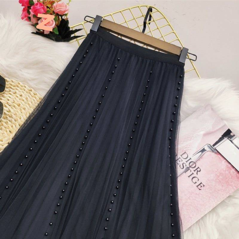 Pleated Mesh Skirt Women's Mid-length High Waist Long Skirt