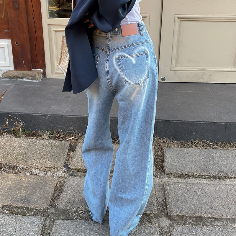 Alsidigt hjerteprintdesign slidt draperet vaskede jeans med vide ben