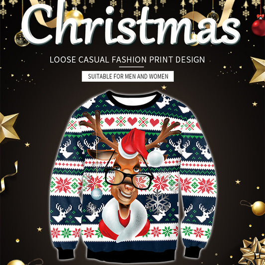 Printed Fawn Round Neck Long Sleeve Sweater For Lovers
