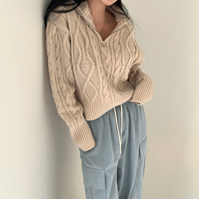 Retro Elegant Twist Zipper And Lapel Long Sleeve Sweater
