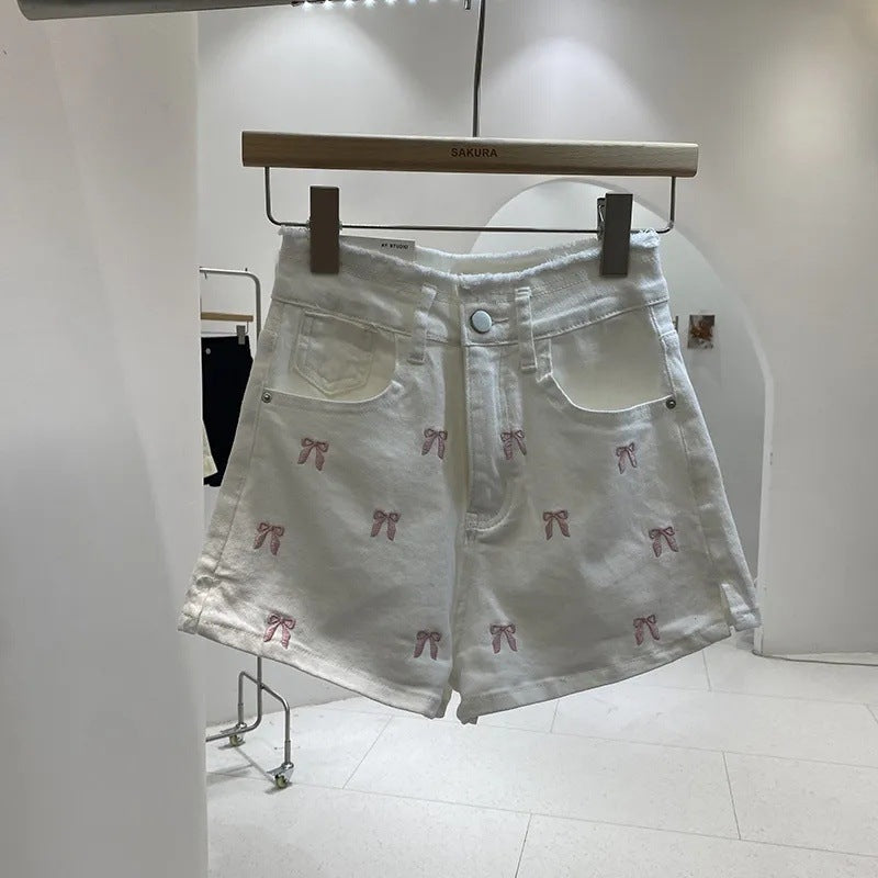 Slim Fit Burrs High Waist Denim Hot Pants Women's Summer Wide Leg Shorts