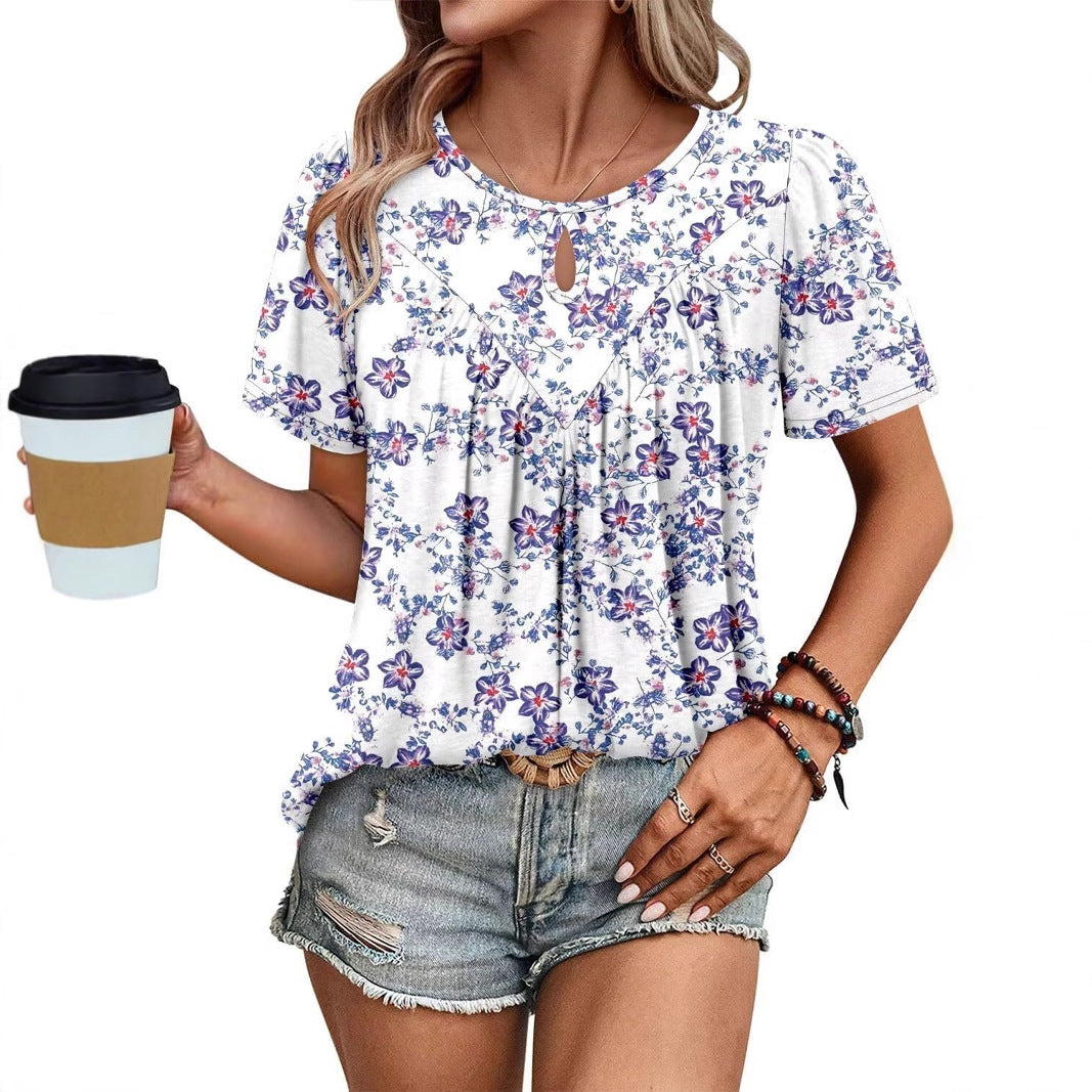 Rundhalset T-shirt til kvinder med blomsterprint
