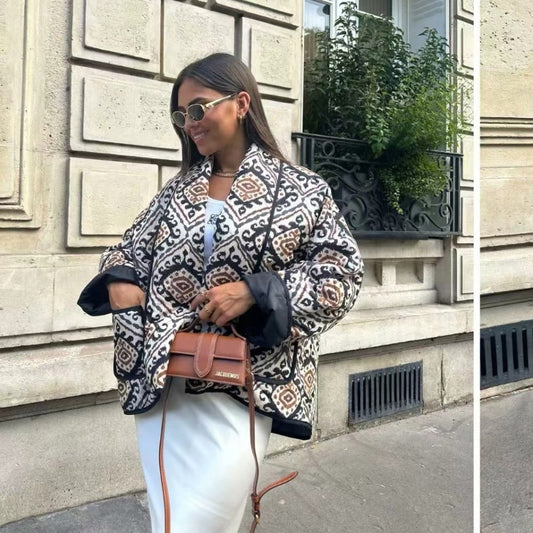 Fashion Printed Fake Two Pieces Contrast Color Small Stand Collar Cotton-padded Coat