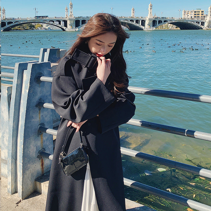 Black Windbreaker Women's Mid-length Loose Retro Temperament Popular Over-the-knee Coat