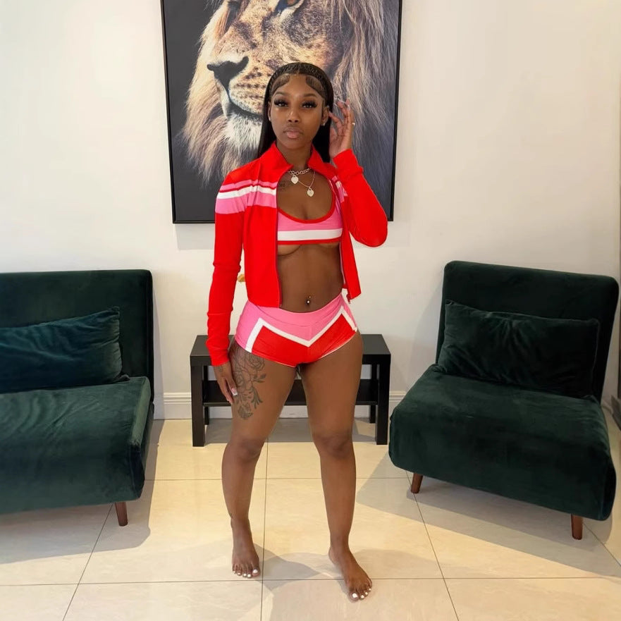 Women's Color Matching Bikini Shorts Top Three-piece Suit