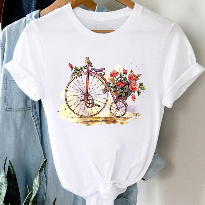 Floral Bicycle Short Sleeve Women's Shirt
